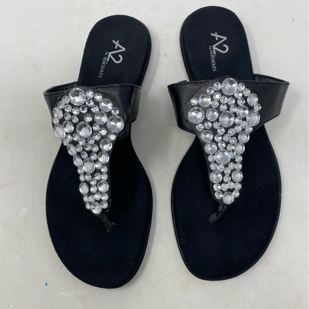 Women's A2 Aerosoles Black Rhinestone Bling Thong Slip-On Sandals US 8.5 EU 6.5